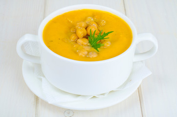 Vegetarian dishes. Pumpkin cream soup with chickpeas