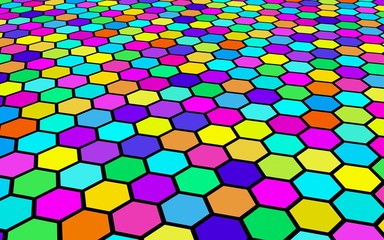 Honeycomb multi-colored. Perspective view on polygon look like honeycomb. Wavy surface. Isometric geometry. 3D illustration