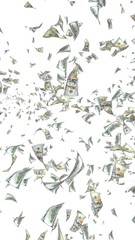 Flying dollars banknotes isolated on a white background. Money is flying in the air. 100 US banknotes new sample. 3D illustration