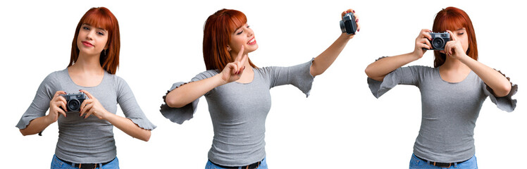Set of Young redhead girl making a selfie