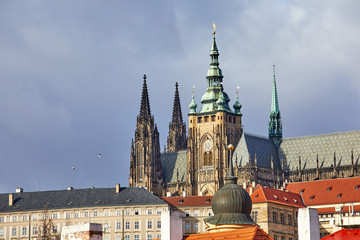 Houses with traditional red roofs in Prague, Czech Republic. View from above