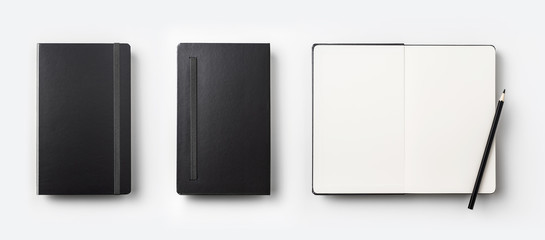 Top view of black notebook isolated on background