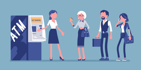 ATM line and female assistant helping clients