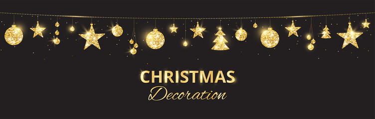 Christmas golden decoration on black background. Holiday vector frame, border.