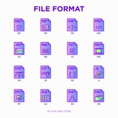 File formats thin line icons set: doc, pdf, php, html, jpg, png, txt, mov, eps, zip, css, js. Modern vector illustration.