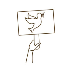 hands with protest sign and pigeons with branch in its beak isolated icon