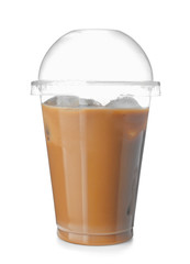 Plastic cup with cold coffee on white background