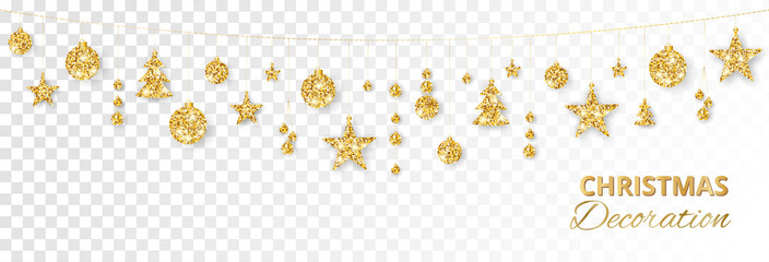 Christmas golden decoration isolated on white background. Holiday vector frame, border.