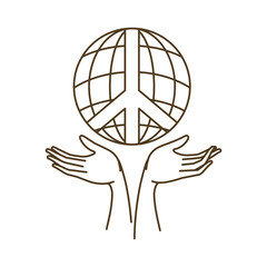 earth globe with peace and love symbol and hands receiving isolated icon