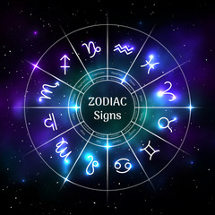 Obraz premium Zodiac circle with astrological symbols isolated on blurred cosmic background. Mystic representation of star signs for astrology horoscope. Zodiac calendar, mystic birthday constellation vector