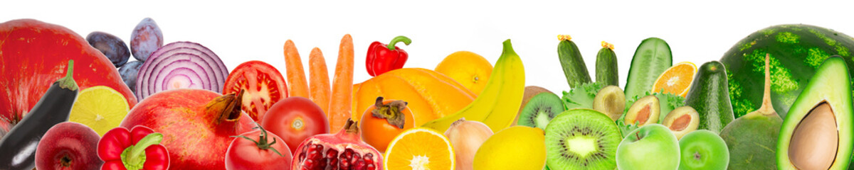 Wide panoramic collage of fresh fruits and vegetables isolated on white background. banana,...
