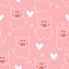 Seamless pattern with outline white pig and heart. The symbol of New 2019 year. Romantic pink background.