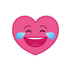 Laughing tears heart shaped funny emoticon icon. Happy pink emoji symbol. Social communication and online chatting vector element. Smile face showing facial emotion. Valentine's day mascot.