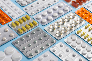 Pills and capsules in blisters asssortment