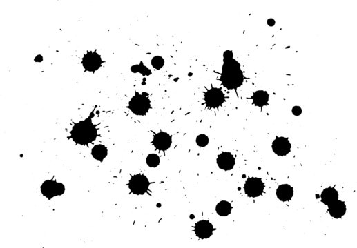 set or collection of vector black ink spash splashed on a canvas or paper or white background for artistic, messy, grunge, creative decoration