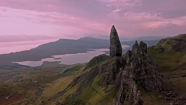 Cinematic flight over the Old Man Of Stor in autumn - Isle of Skye, Scotland