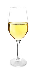 Glass of tasty wine on white background