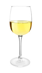 Glass of tasty wine on white background