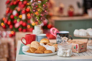 Christmas  decorations with lights background. Happy New Year! Christmas greeting card. Winter card template. Xmas concept. Holiday Banner. Feast of Nativity. Traditional celebration