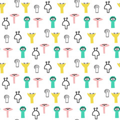 Cute and funny aliens seamless vector pattern. Lovely monsters of different shapes and colors.