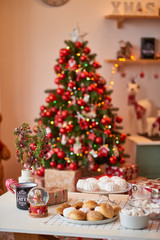 Christmas  decorations with lights background. Happy New Year! Christmas greeting card. Winter card template. Xmas concept. Holiday Banner. Feast of Nativity. Traditional celebration