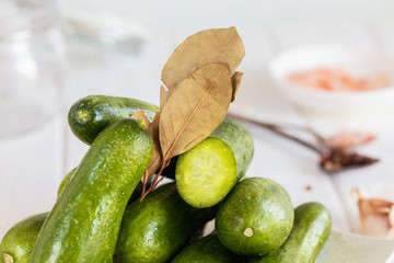 Ingredients for cooking pickled cucumbers on white background.