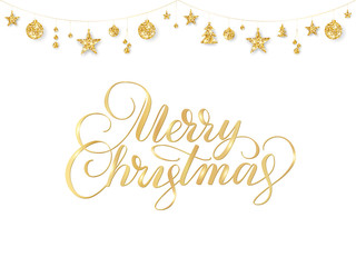 Merry Christmas hand drawn text. Golden christmas decoration on white background.