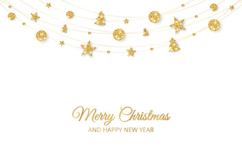 Christmas golden decoration on white background. Merry Christmas and Happy New Year card.