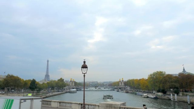 establishing shot of typical Paris overlooking the eiffel tower and pont d&rsquo;invalides and grand palais