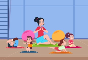 Fototapeta na wymiar Kids in yoga class. Cartoon children with instructor doing yoga exercises in gym interior. Healthy lifestyle vector concept. Illustration of yoga exercise kids class