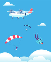 Skydiving concept. Parachutists jumping out of plane in blue sky. People skydivers vector illustration. Parachutist skydiving, parachute jump