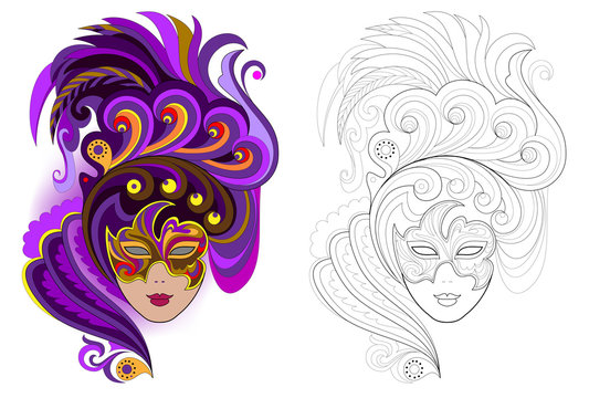 Fantasy portrait of witch in carnival mask. Colorful and black and white page for coloring book. Worksheet for children and adults. Vector cartoon image.
