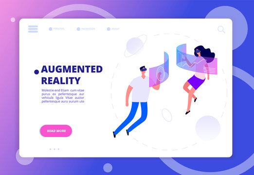 Augmented reality concept. Persons in vr headsets and goggles. Futuristic virtual reality vector banner man and woman fly in cyberspace illustration