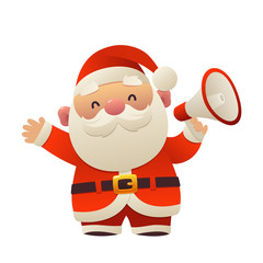 Cute cartoon Santa Claus with megaphone on white background