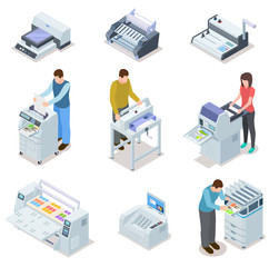 Printing house equipment. Printer plotter, offset cutting machines and people workers. Industrial polygraphy isometric vector icons. Illustration of equipment printer and polygraphy device