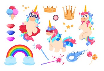 Cute unicorns set. Cartoon rainbow, magic wand and diamonds. Gold crown, stars and ice-cream. Fairy pony unicorn vector stickers. Unicorn and rainbow, magic and crown, diamond and wand illustration