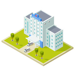 Isometric hospital building and ambulance cars vector illustration. Isometric hospital building, ambulance car medical
