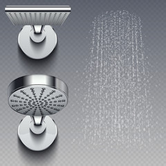 Realistic shower metal heads and trickles of water vector illustration isolated on transparent background. Shower for bathroom, head chrome realistic - obrazy, fototapety, plakaty