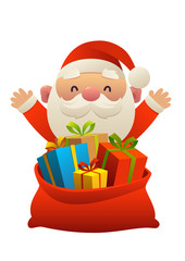 Cute Santa Claus behind toy bag with gifts