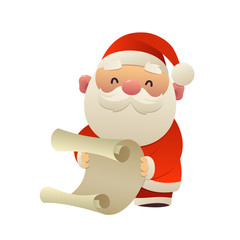 Cute Santa Claus reads paper letter wish list
