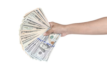 Woman hand holding dollar bill isolated on white background