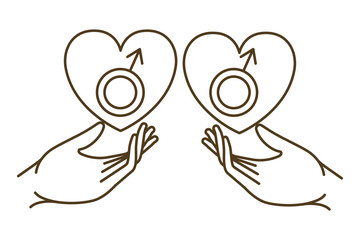 hands receiving heart with symbol of man and woman