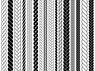 Plaits and braids pattern brushes. Knitting, braided ropes vector isolated collection. Braid pattern decoration, fabric textile ornament illustration - obrazy, fototapety, plakaty