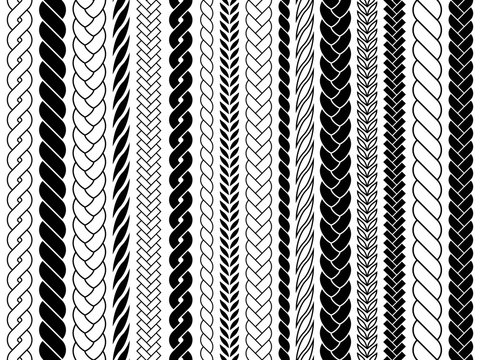 Plaits and braids pattern brushes. Knitting, braided ropes vector isolated collection. Braid pattern decoration, fabric textile ornament illustration
