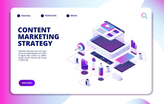 Content marketing. Video blog content strategy, digital market promotion. Website publishing isometric vector landing page. Content strategy advertising promotion, management media illustration