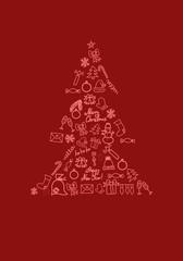 Fototapeta na wymiar Shape of christmas tree consists of festive symbols on red background 3D illustration