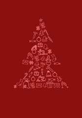 Shape of christmas tree consists of festive symbols on red background 3D illustration