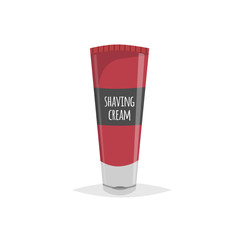 Shaving cream deep red tube. Cartoon flat style with simple gradients. Male face hygiene equipment. Mooisture gel. Vector illustration isolated on white background.