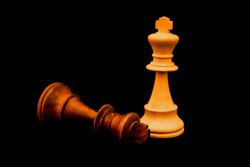 Black King surreder to White King at the end of the game. Two strandard chess wooden pieces on...