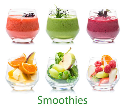Collage of glass jars with fresh delicious smoothie milkshake cocktail on white background, smoothies with strawberries, raspberries and grapes isolated big size set for menu